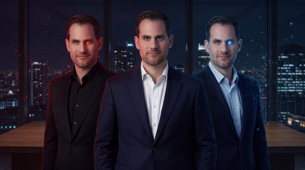 Three identical men in a night-time office, city lights behind them. Péter in a white shirt in the middle, red-eyed Red on the left, blue-eyed Blue on the right.