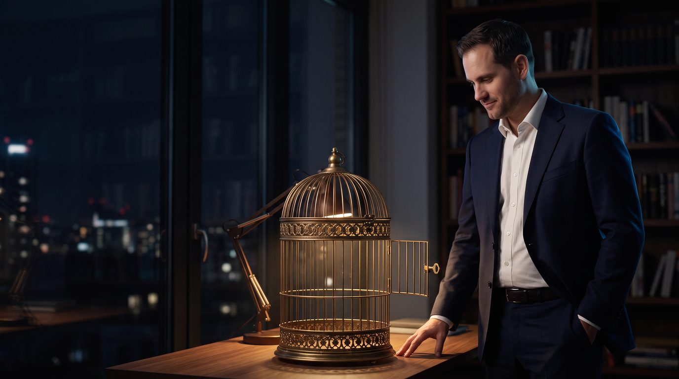 Péter standing by a desk in a dark study at night, calmly looking at an empty birdcage whose door stands open, with the key still left in its lock.