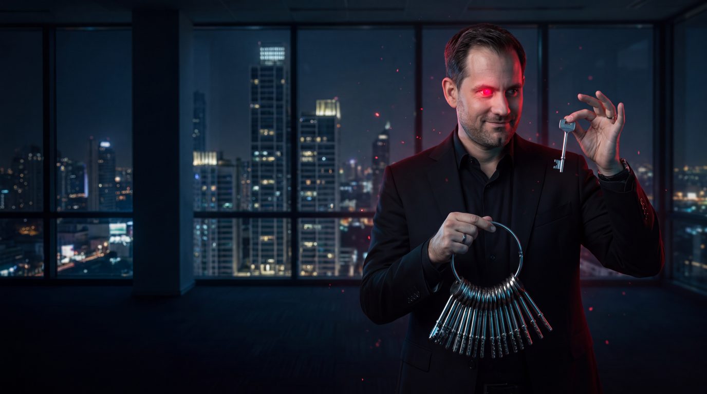 Red, the red-eyed AI clone, holding a large key ring full of keys in a dark office at night and calmly lifting a single key off it.