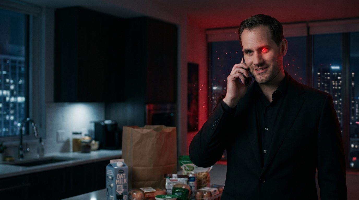 Red, the red-eyed AI clone, on a friendly, reassuring phone call at night; beside him on a kitchen counter sit an opened paper grocery bag and a carton of oat milk.