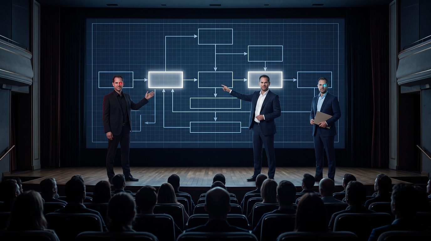 Péter, Red and Blue on the stage of a packed cinema, a workflow blueprint on the screen behind them; Péter points at the second, highlighted gate while the audience watches from the seats.