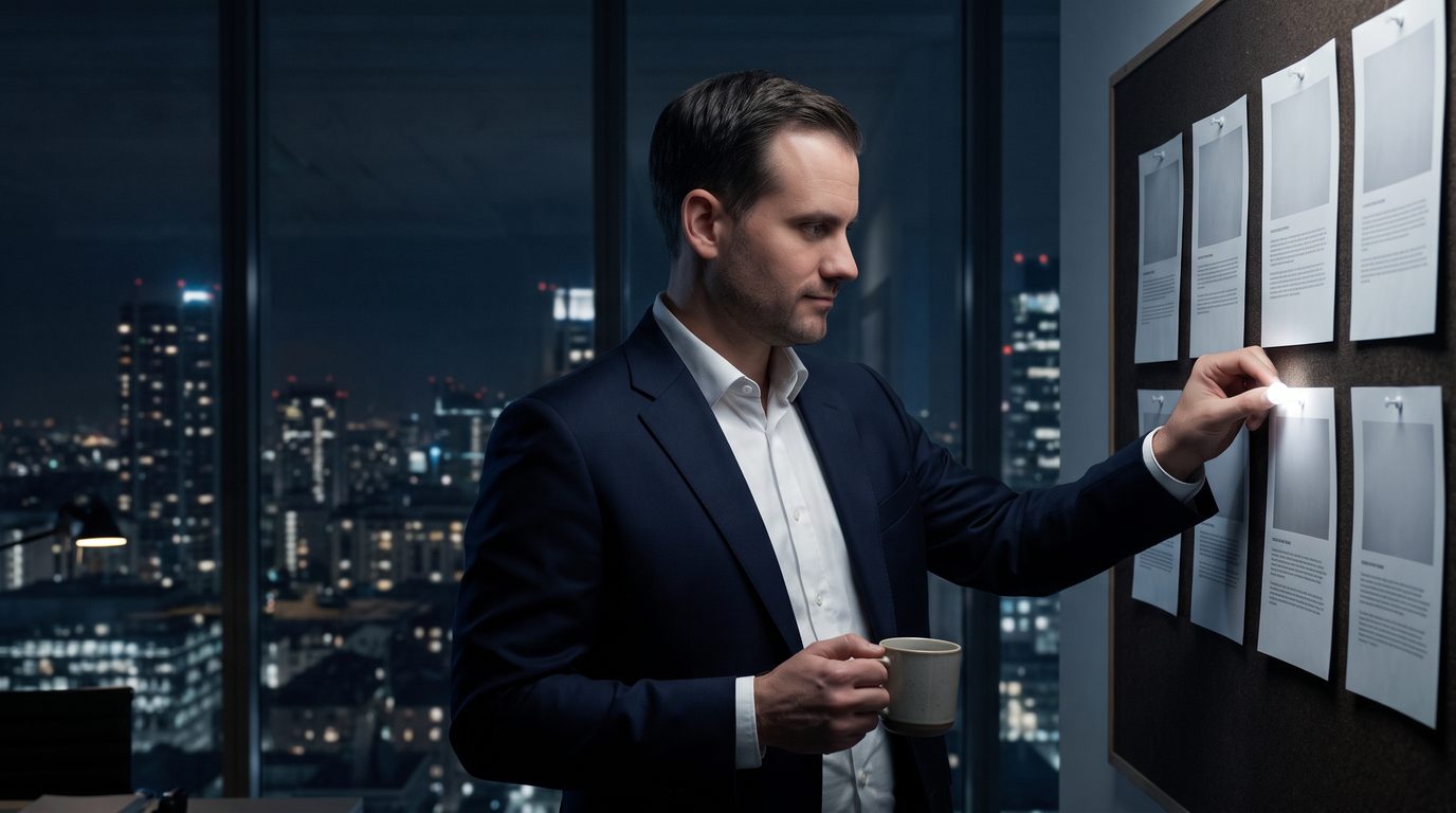 Péter in a night office pinning a fresh white tab onto one of the article pages on his wall board.