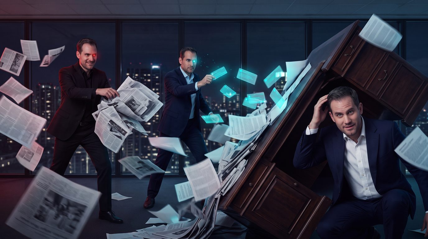 Péter takes cover behind an overturned desk while Red and Blue flood him with papers and glowing notifications: the week's news flood.